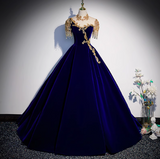 Ndyad A-line Velvet Beaded Sequined Long Prom Dress with Gold Appliques Formal Evening Gown HZ1024