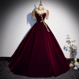 Ndyad A-line Velvet Beaded Sequined Long Prom Dress with Gold Appliques Formal Evening Gown HZ1024