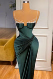 Ndyad Green Mermaid Spaghetti-Straps Satin Long Prom Dress With Beadings HZ1024