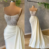 Ndyad Satin Spaghetti strap Sweetheart Sequined Beaded Long Prom Dress Gorgeous Evening Dress HZ1024
