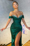 Ndyad Green Mermaid Off-the-shoulder Sparkle Beaded Long Prom Dress with Slit HZ1024