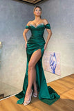 Ndyad Green Mermaid Off-the-shoulder Sparkle Beaded Long Prom Dress with Slit HZ1024