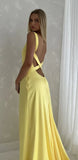 Ndyad Mermaid V Neck Yellow Backless Long Prom Dress HZ1024