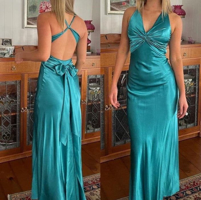 Ndyad Yellow ??A-Line Long Prom Dress for Party&Guest-V Neck Satin Beautiful Backless Formal Evening Dress HZ1024