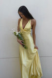 Ndyad Yellow ??A-Line Long Prom Dress for Party&Guest-V Neck Satin Beautiful Backless Formal Evening Dress HZ1024