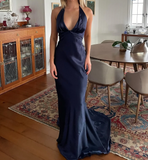 Ndyad Yellow ??A-Line Long Prom Dress for Party&Guest-V Neck Satin Beautiful Backless Formal Evening Dress HZ1024