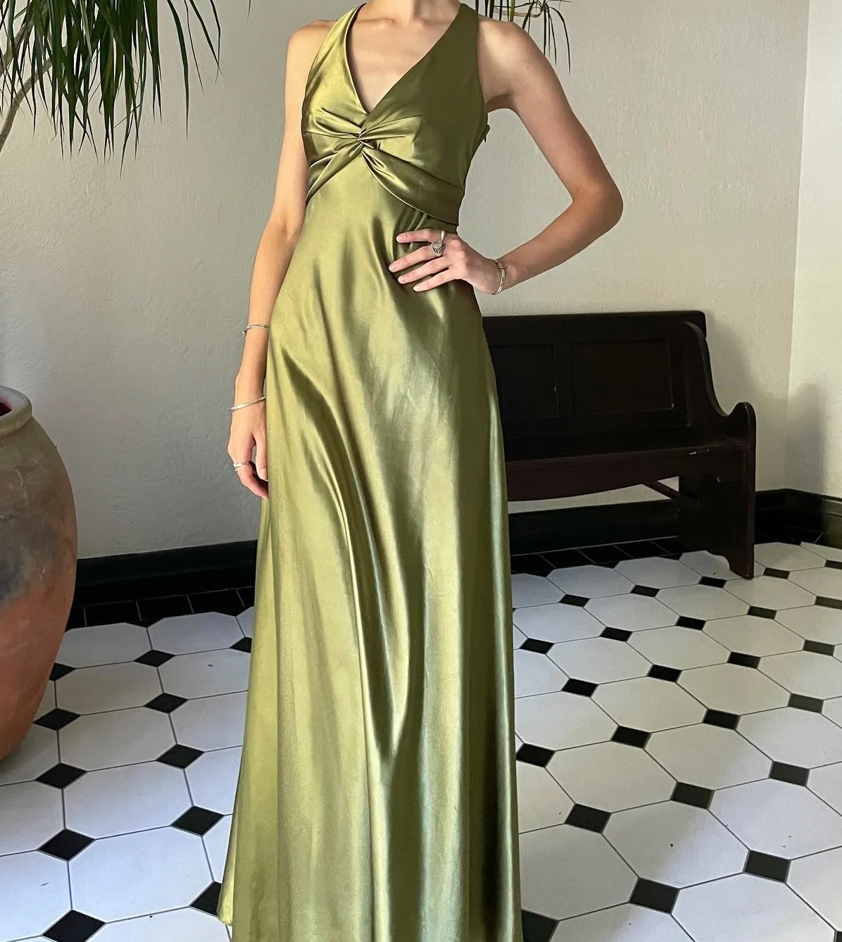Ndyad Yellow ??A-Line Long Prom Dress for Party&Guest-V Neck Satin Beautiful Backless Formal Evening Dress HZ1024