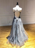 Evafashion A-line Halter Tulle Appliques Long Prom Dress Backless Formal Evening HZ1024