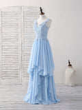 Ndyad Blue A-line V Neck Applique Chiffon Long Prom Dress Lace Spaghetti Strap Bridesmaid Dress HZ1024