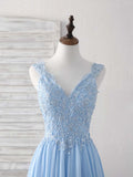 Ndyad Blue A-line V Neck Applique Chiffon Long Prom Dress Lace Spaghetti Strap Bridesmaid Dress HZ1024