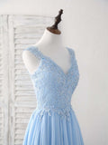Ndyad Blue A-line V Neck Applique Chiffon Long Prom Dress Lace Spaghetti Strap Bridesmaid Dress HZ1024