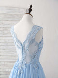Ndyad Blue A-line V Neck Applique Chiffon Long Prom Dress Lace Spaghetti Strap Bridesmaid Dress HZ1024