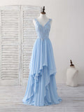 Ndyad Blue A-line V Neck Applique Chiffon Long Prom Dress Lace Spaghetti Strap Bridesmaid Dress HZ1024