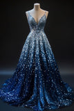 Ndyad Blue A-line Spaghetti Straps Sequins Long Prom Dress V-neck Evening Gown HZ1024