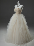 Ndyad A-line Straps Tulle Long Prom Dress Simple Applique Wedding Dress HZ1024