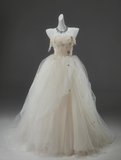 Ndyad A-line Straps Tulle Long Prom Dress Simple Applique Wedding Dress HZ1024