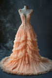 Ndyad Pastel Orange Mermaid V-neck Tulle Applique Long Prom Dress Sweet Beaded Formal Evening Dress HZ1024