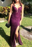 Ndyad Mermaid Formal Dresses Under $170?? Charming Grape Spaghetti Straps Applique Long Backless Prom Dress With Slit HZ1024