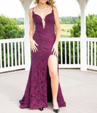 Ndyad Mermaid Formal Dresses Under $170?? Charming Grape Spaghetti Straps Applique Long Backless Prom Dress With Slit HZ1024