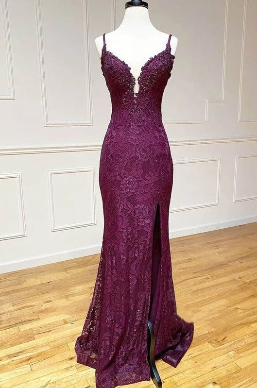 Ndyad Mermaid Formal Dresses Under $170?? Charming Grape Spaghetti Straps Applique Long Backless Prom Dress With Slit HZ1024
