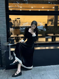 Ndyad classic retro square neck waist heavy black dress HZ1024
