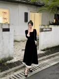 Ndyad classic retro square neck waist heavy black dress HZ1024