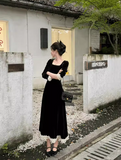 Ndyad classic retro square neck waist heavy black dress HZ1024