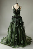 Ndyad V-neck Tulle Applique Long Prom Dress Vintage Lace Formal Evening Dress HZ1024