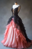 Ndyad A-line Tulle Lace Deep V Neck Long Prom Dresses, Layered Beaded Evening Dress HZ1024