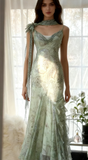 Ndyad Green Mermaid Formal Dresses Beaded Chiffon Open Back Long Prom Dresses Spaghetti Straps Guest Dresses HZ1024