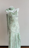 Ndyad Green Mermaid Formal Dresses Beaded Chiffon Open Back Long Prom Dresses Spaghetti Straps Guest Dresses HZ1024