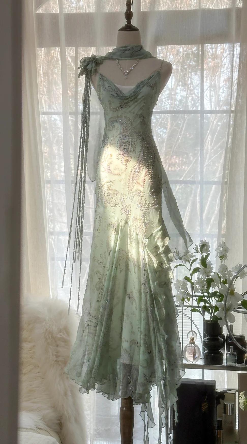 Ndyad Fairytale Pink Spaghetti Straps Mermaid Evening Gowns Vintage Elegant Beaded Silk Long Prom Dress Guest Dresses HZ1024
