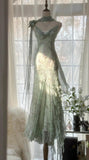 Ndyad Fairytale Pink Spaghetti Straps Mermaid Evening Gowns Vintage Elegant Beaded Silk Long Prom Dress Guest Dresses HZ1024