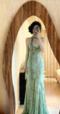 Ndyad Green Mermaid Formal Dresses Beaded Chiffon Open Back Long Prom Dresses Spaghetti Straps Guest Dresses HZ1024