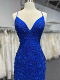 Ndyad V Neck Royal Blue Beade Applique Tulle Long Prom Dress, Evening Dress HZ1024