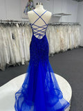 Ndyad V Neck Royal Blue Beade Applique Tulle Long Prom Dress, Evening Dress HZ1024