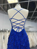 Ndyad V Neck Royal Blue Beade Applique Tulle Long Prom Dress, Evening Dress HZ1024