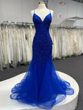 Ndyad V Neck Royal Blue Beade Applique Tulle Long Prom Dress, Evening Dress HZ1024