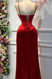 Ndyad Mermaid Spaghetti StrapsSatin Long Formal Dress with Beading Wedding Guest Dress HZ1024