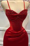 Ndyad Mermaid Spaghetti StrapsSatin Long Formal Dress with Beading Wedding Guest Dress HZ1024