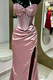 Ndyad Mermaid Spaghetti StrapsSatin Long Formal Dress with Beading Wedding Guest Dress HZ1024