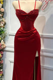 Ndyad Mermaid Spaghetti StrapsSatin Long Formal Dress with Beading Wedding Guest Dress HZ1024