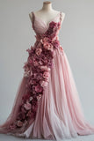 Ndyad Pink A-line Sweetheart Neck Tulle Long Prom Dress 3D Applique Wedding Dress HZ1024
