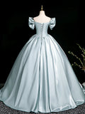 Ndyad V Neck Satin Blue Long Prom Dress, Blue Long Formal Dress HZ1024