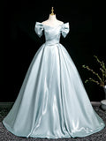 Ndyad V Neck Satin Blue Long Prom Dress, Blue Long Formal Dress HZ1024