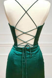 Ndyad Green Mermaid Satin Spaghetti Straps Long Prom Dress With Split HZ1024