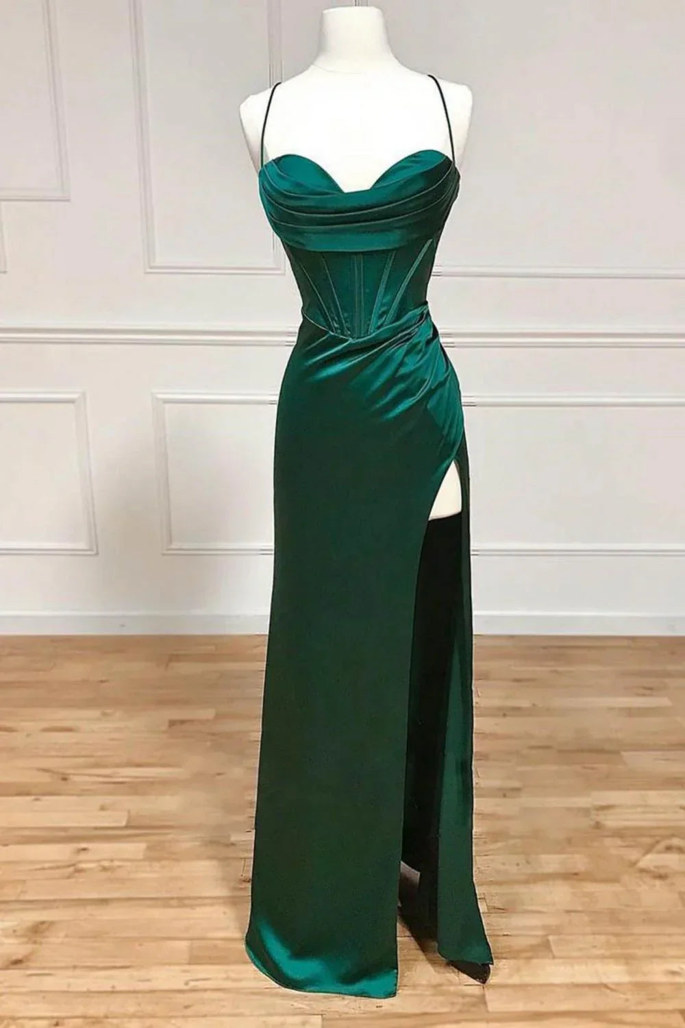 Ndyad Green Mermaid Satin Spaghetti Straps Long Prom Dress With Split HZ1024