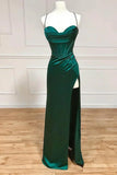 Ndyad Green Mermaid Satin Spaghetti Straps Long Prom Dress With Split HZ1024