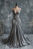 Ndyad V Neck Silver Spaghetti Straps Satin Long Prom Dress Sexy Evening Dress HZ1024