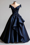 Ndyad Navy A-Line V Neck Satin Long Prom Dress Simple Applique Evening Dress HZ1024